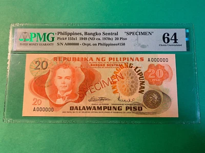 PHILIPPINES 1970's 20 PISO SPECIMEN A000000 P-155s1 PMG CHOICE UNC 64 - Image 1 of 2