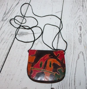 Cartera pequeña vintage de cuero marrón México Snap 2 tucanes pájaros monedas de mano - Imagen 1 de 5