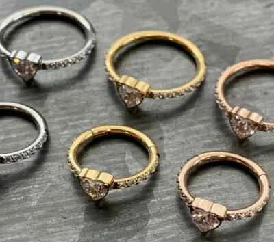 1pc Titanium CZ Gem Heart w/Paved Sides Hinged Segment Ring Helix Septum Clicker - Image 1 of 4