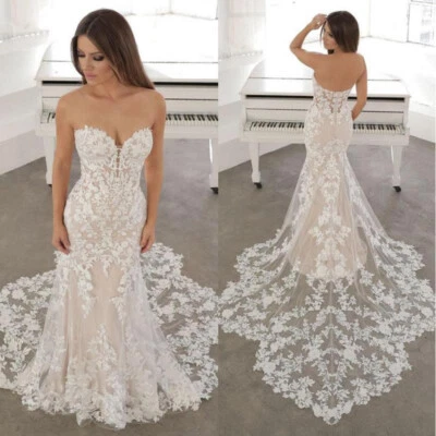 Lace Mermaid Wedding Dresses Strapless Appliques Backless Buttons Bridal Gowns - Image 1 of 4