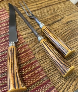Bakelite Carving Set Sheffield England Stainless Faux Horn Vintage 3 Piece 13” - Picture 1 of 8