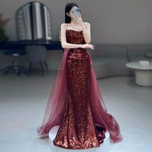 Wine Red Strapless Toast Gown Bride's Banquet Fishtail Dress Wedding Party Dress - Picture 1 of 19