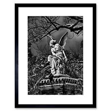 Photo Statue Sculpture Angel Wings Creepy Black White Framed Print 12x16 Inch