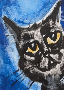 Original ACEO Black Cat Painting Collectible Modern Art Card By Samantha McLean - Picture 1 of 1