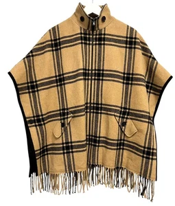 Trina Turk Poncho Coat Womens XS/S Tan Black Plaid Wool Blend Fringe Oversized - Picture 1 of 11
