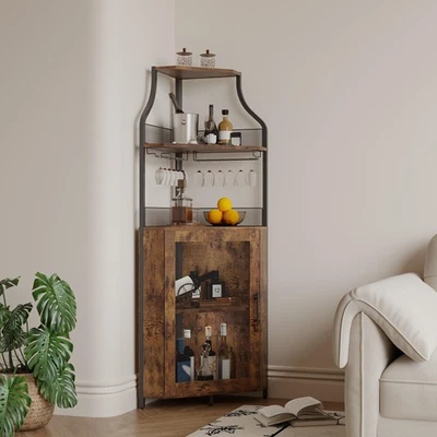 Eck-Bar-Schrank mit LED-Beleuchtung, 155 cm Hausbar Weinschrank mit Glashalter - Bild 1 von 4