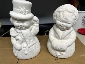 Ceramic bisque Frosty the Snowman and Mrs. Frosty, 11 In Tall - Picture 1 of 2
