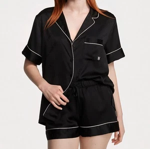 VICTORIA'S SECRET Black Diagonal Stripe Satin Short Pyjama Set Size M - Picture 1 of 3