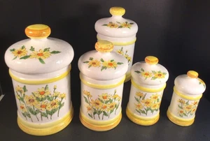 Sears 1976 Daisy Pattern 5pc Canister Set: Flour, Sugar, Coffee, Tea, Cookie Jar - Picture 1 of 18