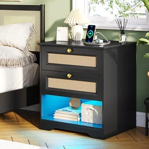Rattan Nightstand, 2 Drawer LED Night Stand with Open Storage Cubby, Boho Table - Picture 1 of 8