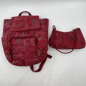 Vintage Donna Sharp Quilted Red Backpack Small Purse Bag Fish Cherry Fall - Picture 1 of 8