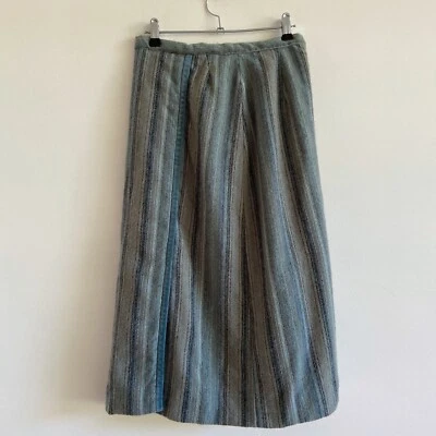 vintage blue green stripe wool skirt midi knee length pencil work winter retro - image 1 of 4