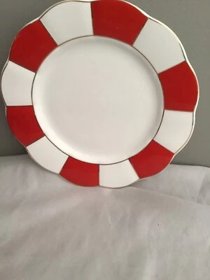 Cynthia Rowley Red/ White Scalloped Salad Plates Gold Trim - Image 1 of 4