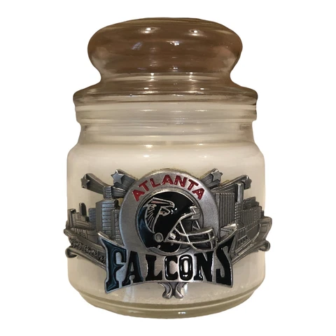 New! ATLANTA FALCONS Apothecary Glass Candle With Lid, Metal Plaque NFL Cover