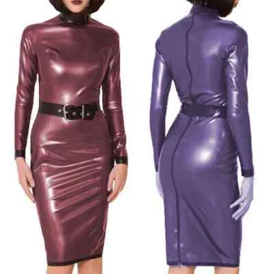 Women Sexy PVC Long Sleeve Clubwear Bodycon Dress with Belt Faux Leather Dresses - Image 1 of 4