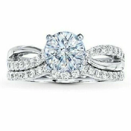 Conjunto de anel de noivado redondo 3,10 quilates criado em laboratório água-marinha ouro branco 14k no tamanho 7 - Imagem 1 de 3