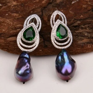 Natural Cultured Black Keshi Baroque Pearl Green Crystal CZ Stud Earrings Lady - Picture 1 of 7