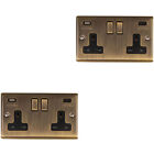 2 Pack 2 Gang Double Uk Plug Socket & Dual 3.1A Usb-C Antique Brass 13A Switched