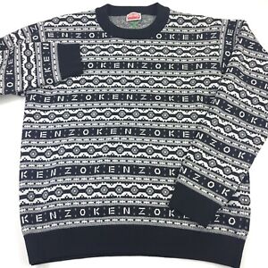 $640 KENZO Logo Jacquard Black Crewneck Wool Jumper Sweater Mens Size XL