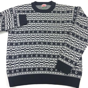 Maglione maglione lana girocollo nero jacquard logo KENZO $640 uomo taglia large - Foto 1 di 11