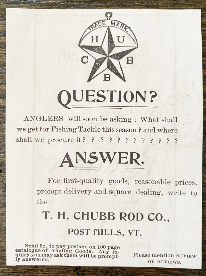 Anglers FISHING TACKLE T.H.Chubb Rod Manufacturer Co. Post Mills, VT 1894 anuncio impreso Foto 1 de 1