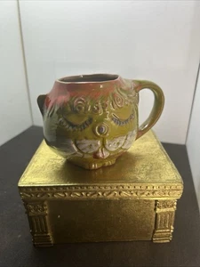 Vtg Pacific Stoneware Green Orange Cat Face Mug B. Welsh Green Folk Art - Picture 1 of 7