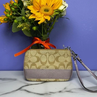 Подлинный тренер подпись холст кошелек с ремешком сумочки желтовато-коричневый коричневый логотип фиолетовый акцент - Изображение 1 из 4