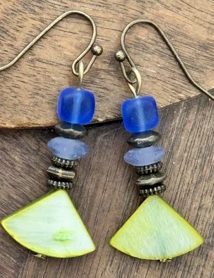 Bronze, Green Mother of Pearl and Blue Glass Earrings. - Image 1 of 4