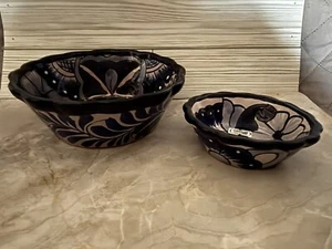 2 Talavera Mexican Pottery Scalloped Edge Bowls 7” 4” Blue & White Hand Painted - Picture 1 of 7