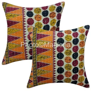 Kantha dot Print Cushion Cover Handmade 2 PC Set Large 18x18' Pillowcase Decor - Picture 1 of 4
