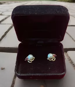Vintage Estate 14k YG Genuine Pearl, Ruby, and Diamond Earrings 4.35 Grams - Picture 1 of 16