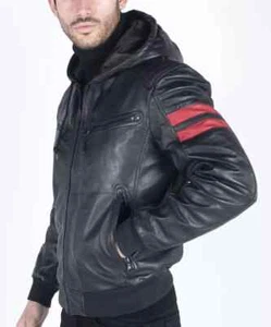 Men's Retro Black Real Leather Bomber Jacket with Hood Casual Biker Slim Fit - Picture 1 of 6