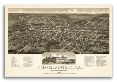 Bird's Eye View 1885 Thomasville GA Vintage Style City Map - 24x36