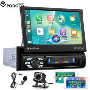 Single 1 Din 7" Car Stereo Radio Android/Apple Carplay BT Flip Out Player +Cam - Picture 1 of 22