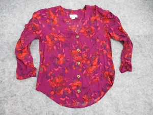 Maeve Anthropologie Womens Shirt XS Purple Red Floral Shirt Ruched Sleeves Pink - Picture 1 of 18