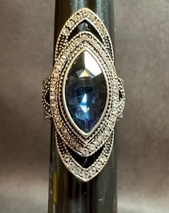 Art Deco Blue Faux and Rhinestone Statement Runway Ring Adjustable 9-10 - Picture 1 of 7