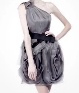 White By Vera Wang BLACK One Shoulder Organza Cocktail Dress Party Wedding Sz 8 - Picture 1 of 5
