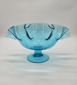 Mid Century Bischoff Art Glass Ruffled Blue Compote with Controlled Bubbles  - Picture 1 of 5