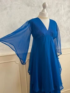 Vintage Handmade 1960/70's Royal Blue Chiffon Flounce Angel Sleeve Maxi Dress 12 - Picture 1 of 8