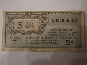 MPC - SERIE 461 - CERTIFICATO DI PAGAMENTO MILITARE 5 CENT USA - VASCA AAB - Foto 1 di 2