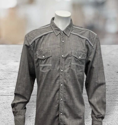Camisa BKE Hebilla Para Hombre Gris Western Envejecida Manga Larga Blanca Perla a Presión XL Foto 1 de 4