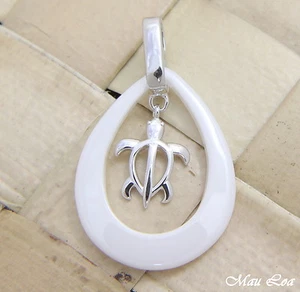 925 Silver Rhodium Hawaiian Honu Sea Turtle White Ceramic Tear Drop Pendant - Picture 1 of 2