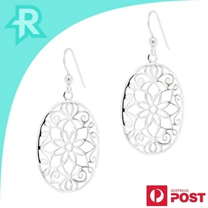 Flower Cutout Oval Sterling Silver 925 Hook Earrings - Picture 1 of 6