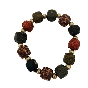 Vintage Beaded Bracelet Grey Red Rubber Pattern Beads Elastic Stretch Hippy Boho - Picture 1 of 3