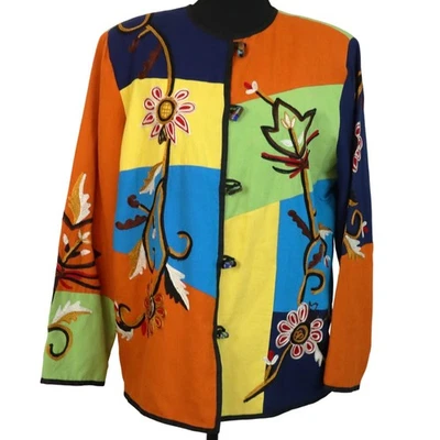 Vintage 90s Y2K Alex Kim Jacket Blazer Patchwork Embroidered Flower Toggle Large - Image 1 of 4
