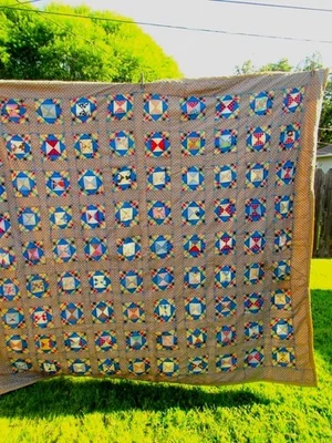 VTG PRIMITIVE 40'S SQUARE IN A SQUARE FEEDSACK FABRIC TIED CUTTER OR USE QUILT - Image 1 of 4