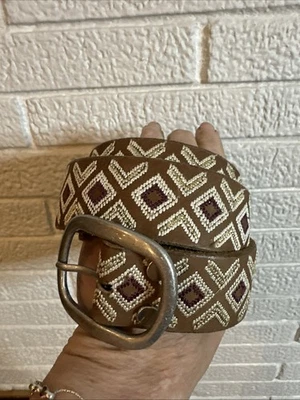 Lucky Brand GEOMETRIC embroidered brown leather belt M - Image 1 of 4