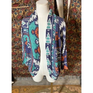 Love & let love  Blue Orange Teal Geometric Print Open Front Cardigan Sweater L - Picture 1 of 3
