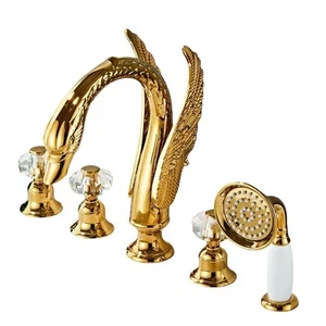 Dorado 5 Piezas Ampliado Baño Cisne Bañera Ducha Grifo Grifo Manijas Cristal - Imagen 1 de 2