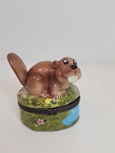 Caja de baratijas de cerámica Beaver Woodland baratijas pintadas a mano interior 3" x 2,5" LEER - Imagen 1 de 20
